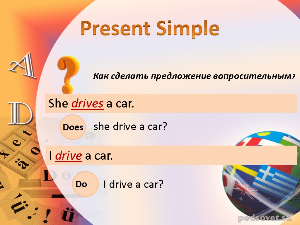 Как сделать предложение вопросительным? She drives a car. Present Simple Does she drive a